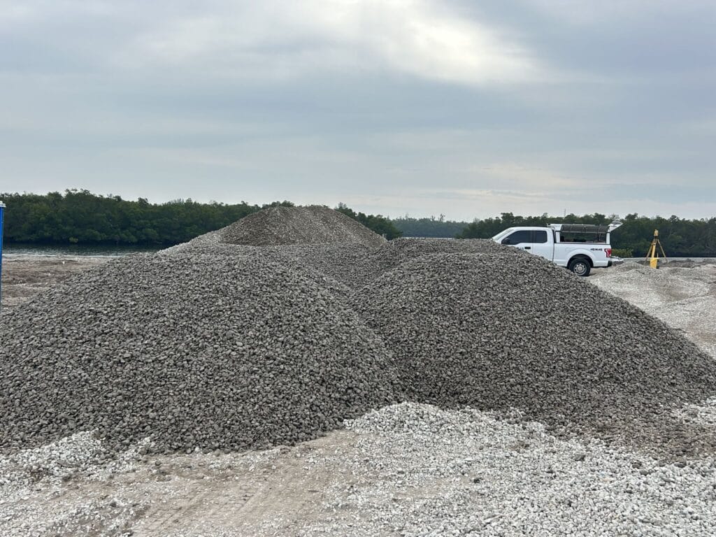 Stockpiles of crushed rock aggregate