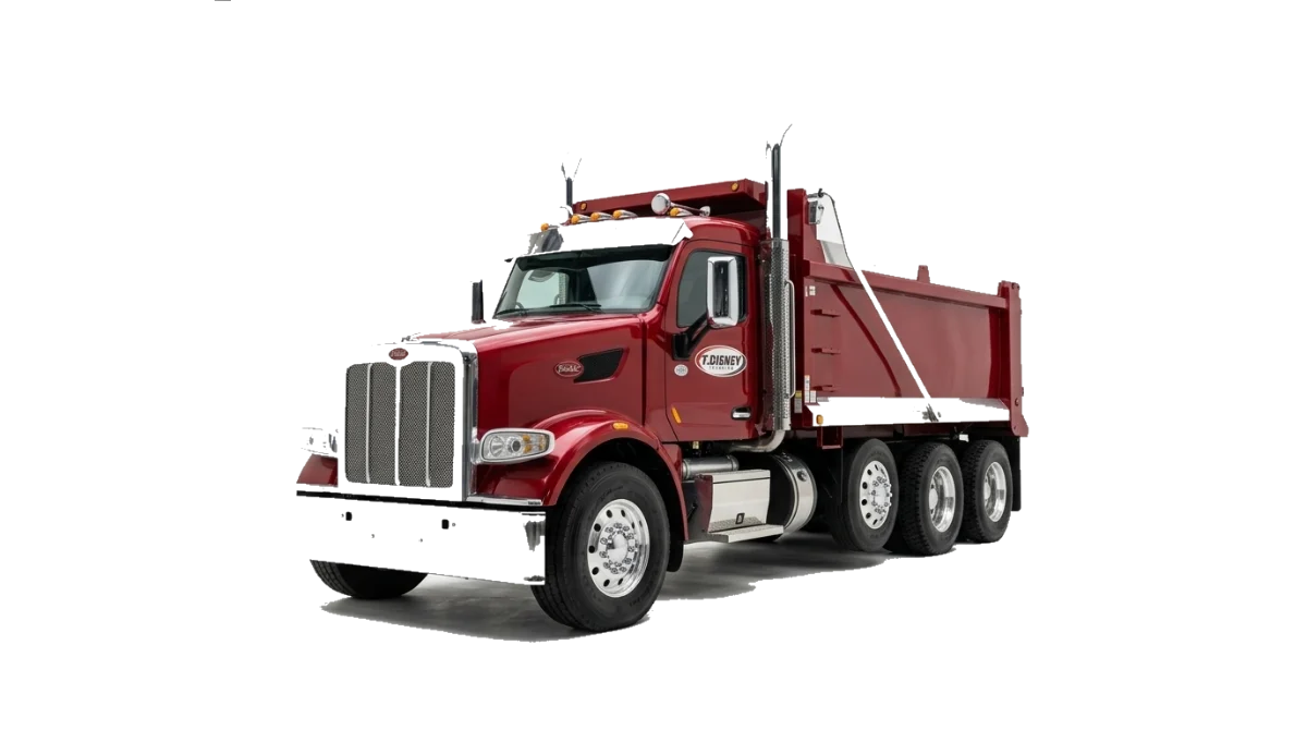 A T. Disney Trucking red Peterbilt tri-axle dump truck