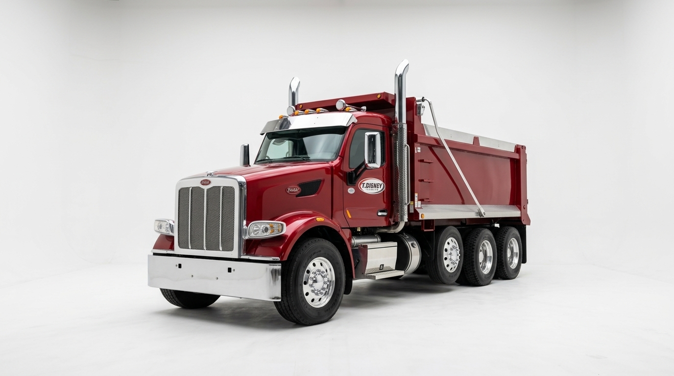 A T. Disney Trucking red Peterbilt tri-axle dump truck