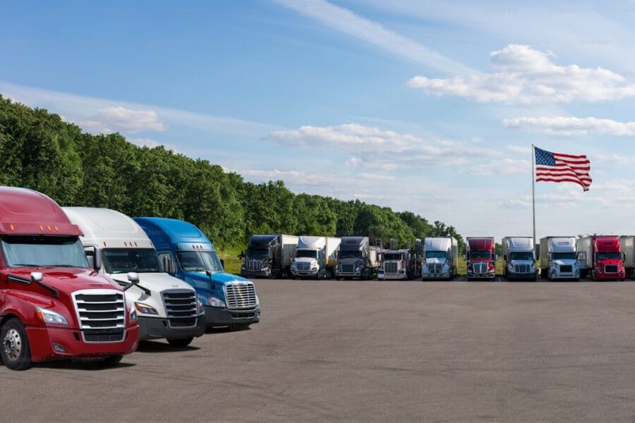 Trucks parked at rest stop along highway